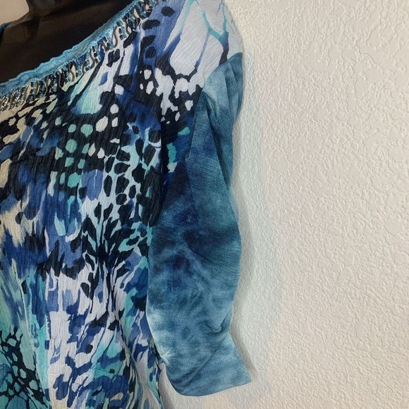 ALBERTO MAKALI Blue Art-to-Wear Mixed Media s/s Top Size L Sequin Crinkle - Picture 10 of 13
